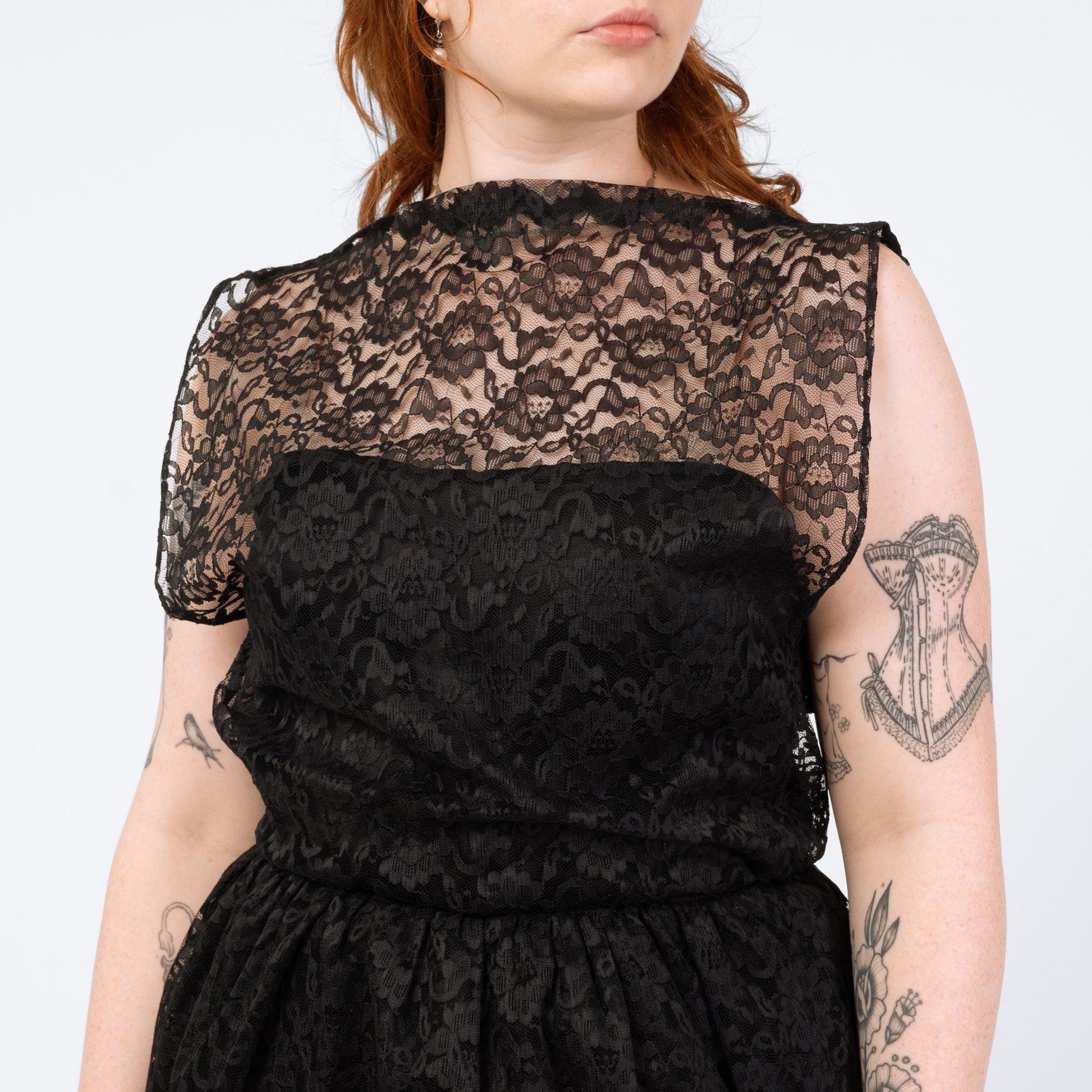 Vintage 70s 80s Black Lace Fit & Flare Party Dress - Medium | Keyhole Back Sheer Overlay Midi Dress