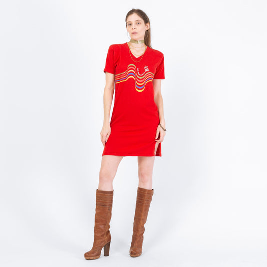 Vintage 70s San Francisco Rainbow Striped Sleep Shirt - Small to Medium | Red Novelty Graphic Mini Dress