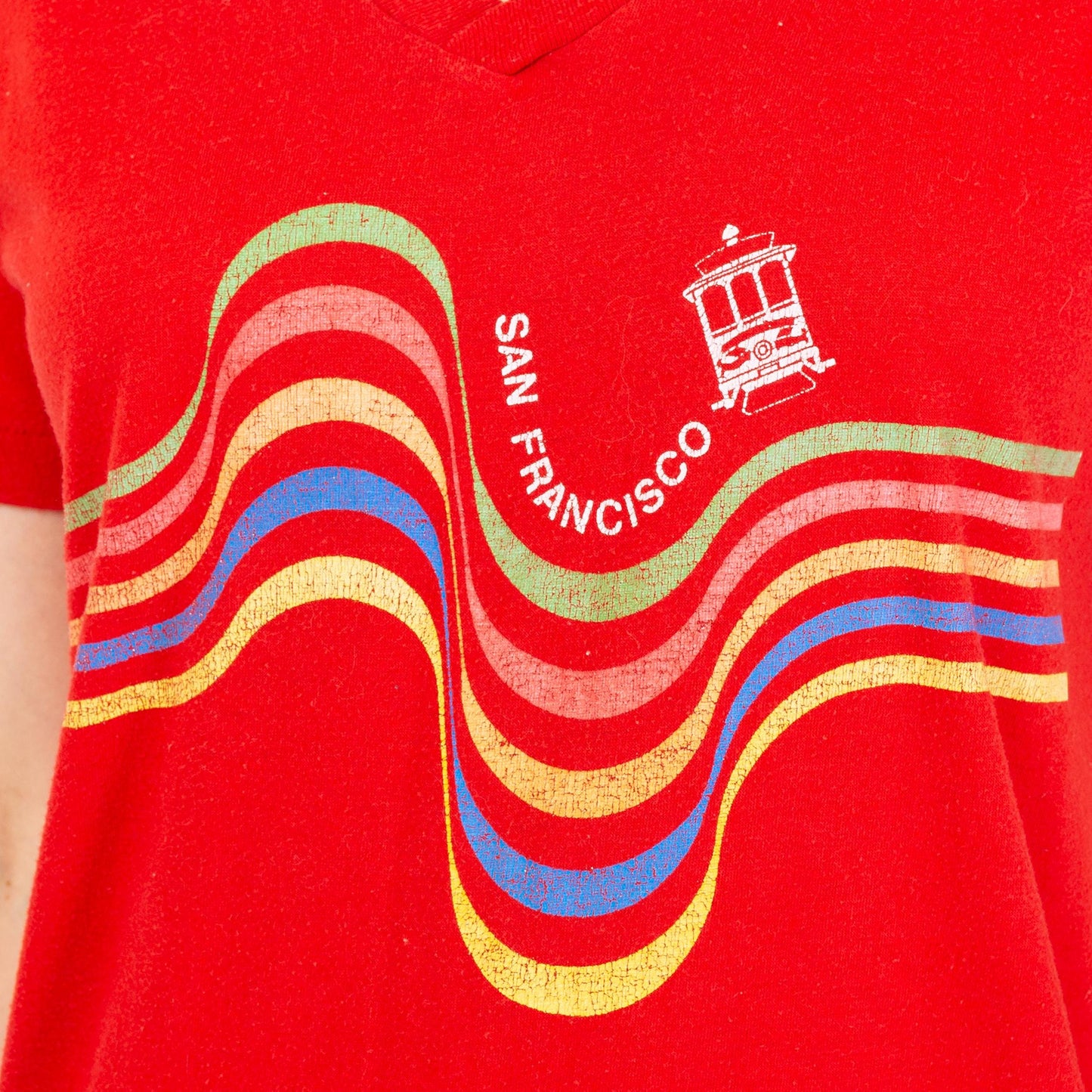 Vintage 70s San Francisco Rainbow Striped Sleep Shirt - Small to Medium | Red Novelty Graphic Mini Dress