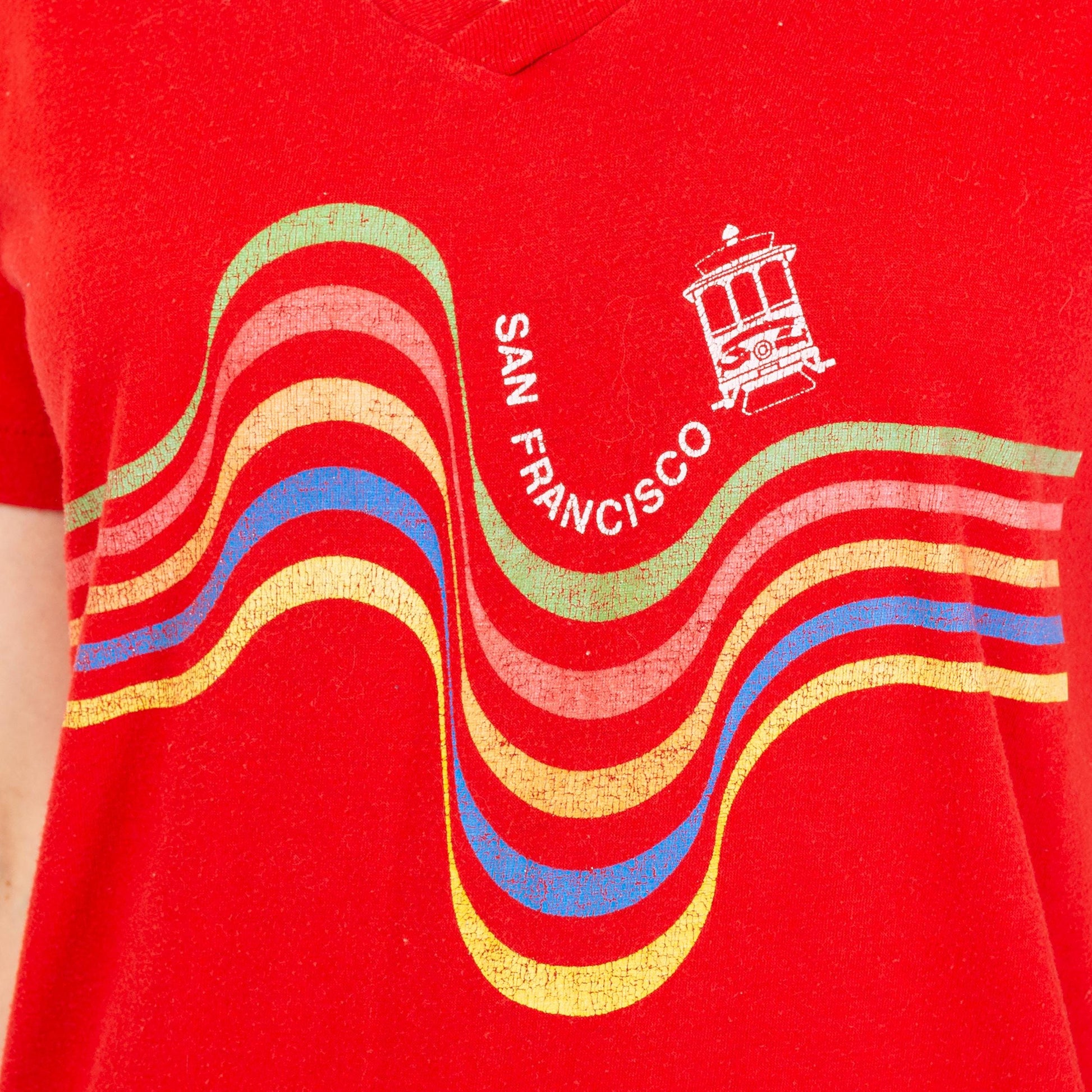 Vintage 70s San Francisco Rainbow Striped Sleep Shirt - Small to Medium | Red Novelty Graphic Mini Dress
