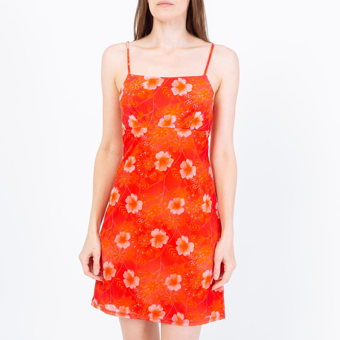 Vintage 90s Orange Floral Mini Sundress - Small | Boho Tie Back Spaghetti Strap Dress