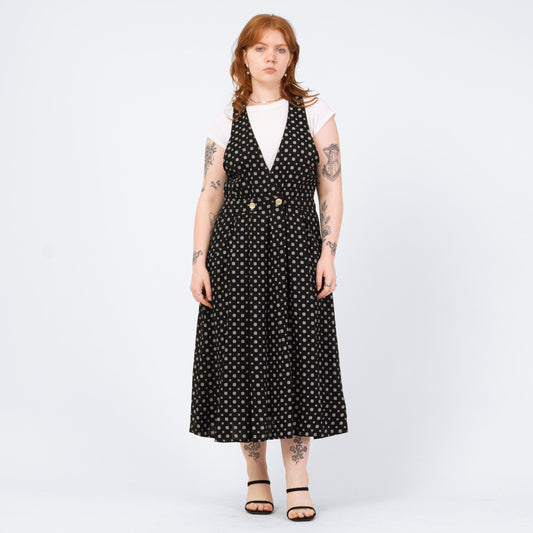 Vintage 80s Black & White Deep V Pinafore Dress - Large | Grunge Sleeveless Midi Dress