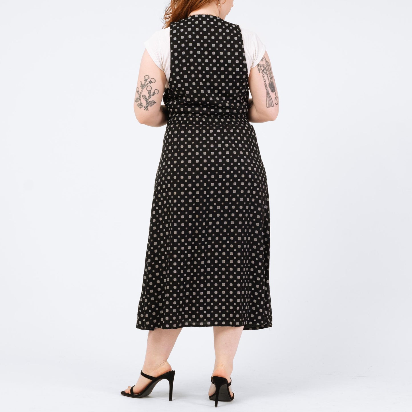 Vintage 80s Black & White Deep V Pinafore Dress - Large | Grunge Sleeveless Midi Dress