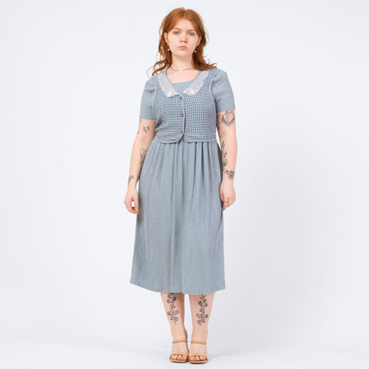 Vintage 90s Blue Gingham Vest Midi Dress - Medium | Short Sleeve Cottagecore Dress