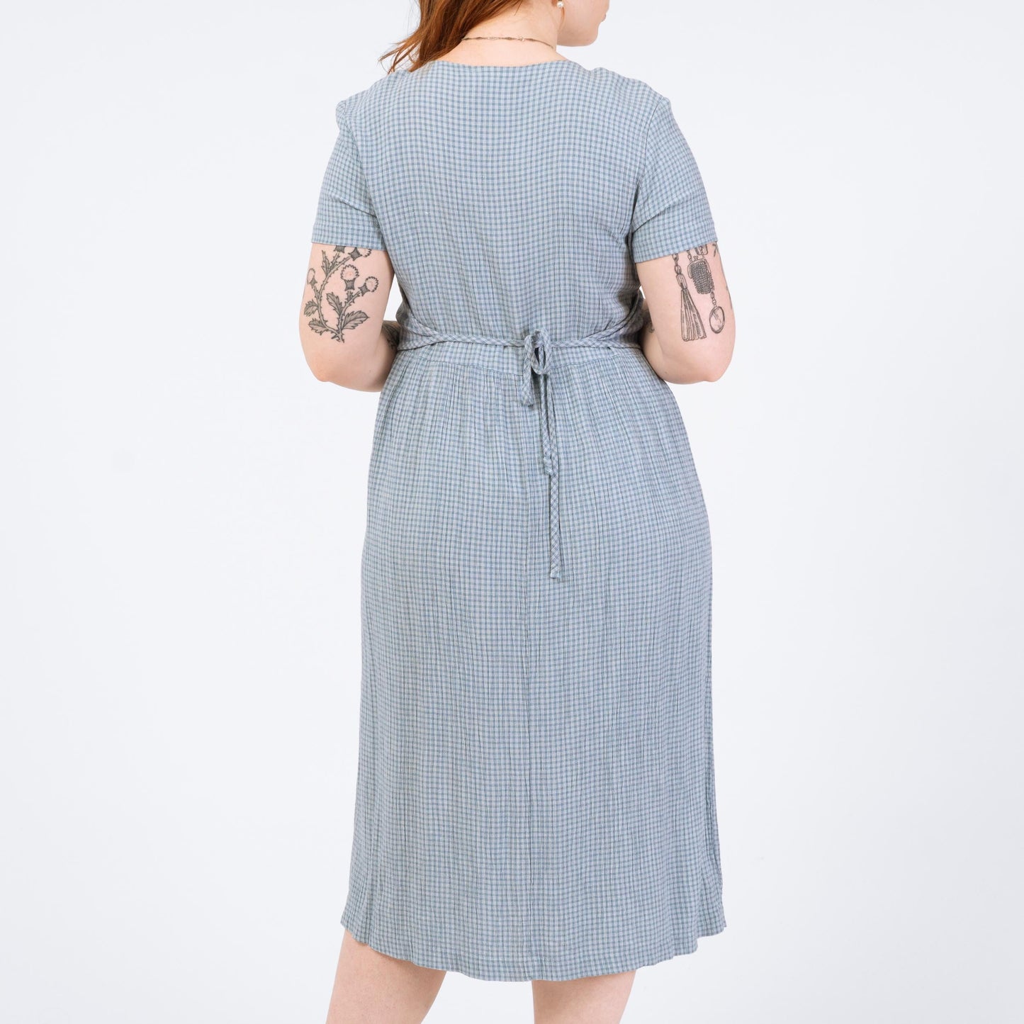 Vintage 90s Blue Gingham Vest Midi Dress - Medium | Short Sleeve Cottagecore Dress