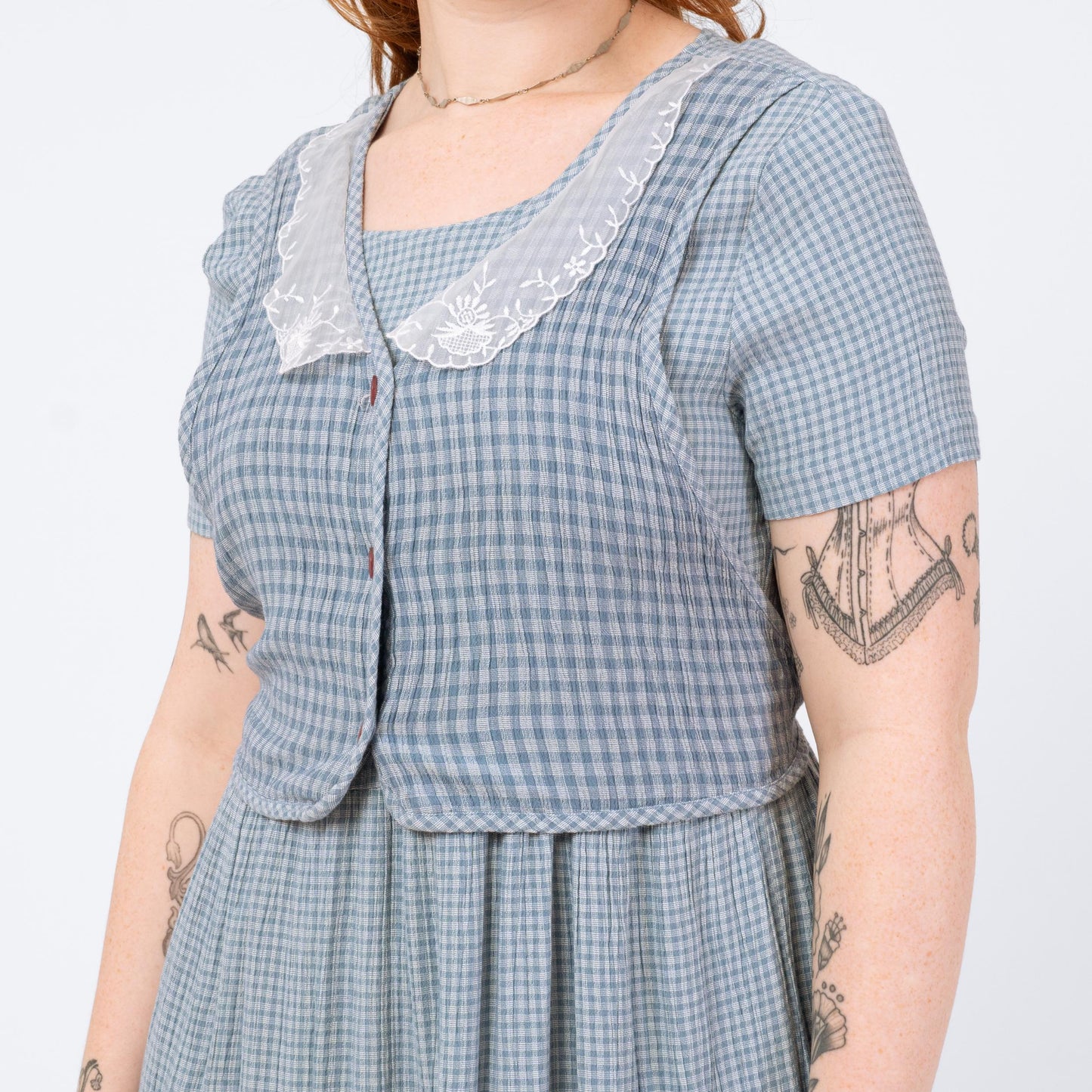 Vintage 90s Blue Gingham Vest Midi Dress - Medium | Short Sleeve Cottagecore Dress