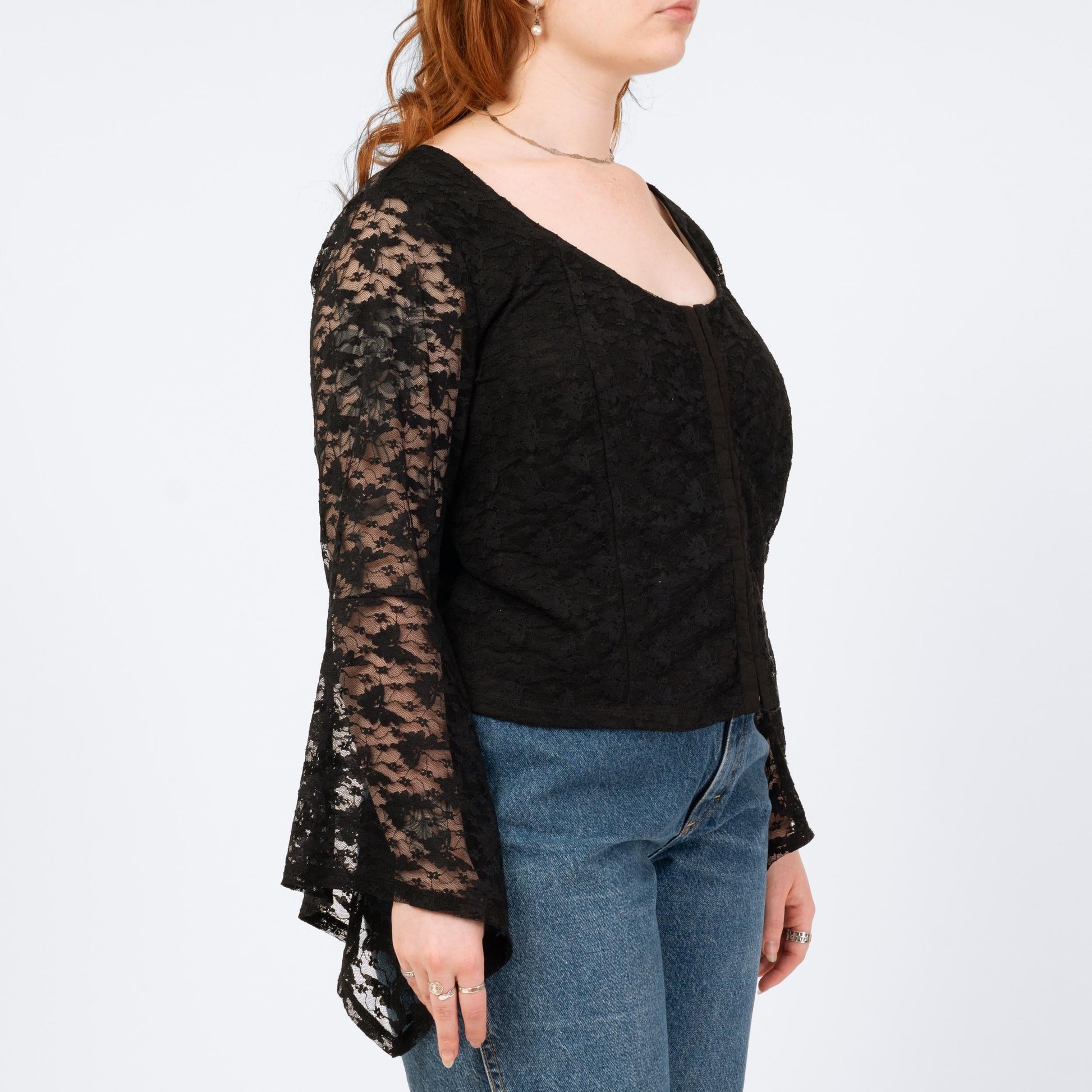 Vintage Y2K Black Lace Angel Sleeve Butterfly Top - Extra Large | Boho Whimsigoth Corset Blouse