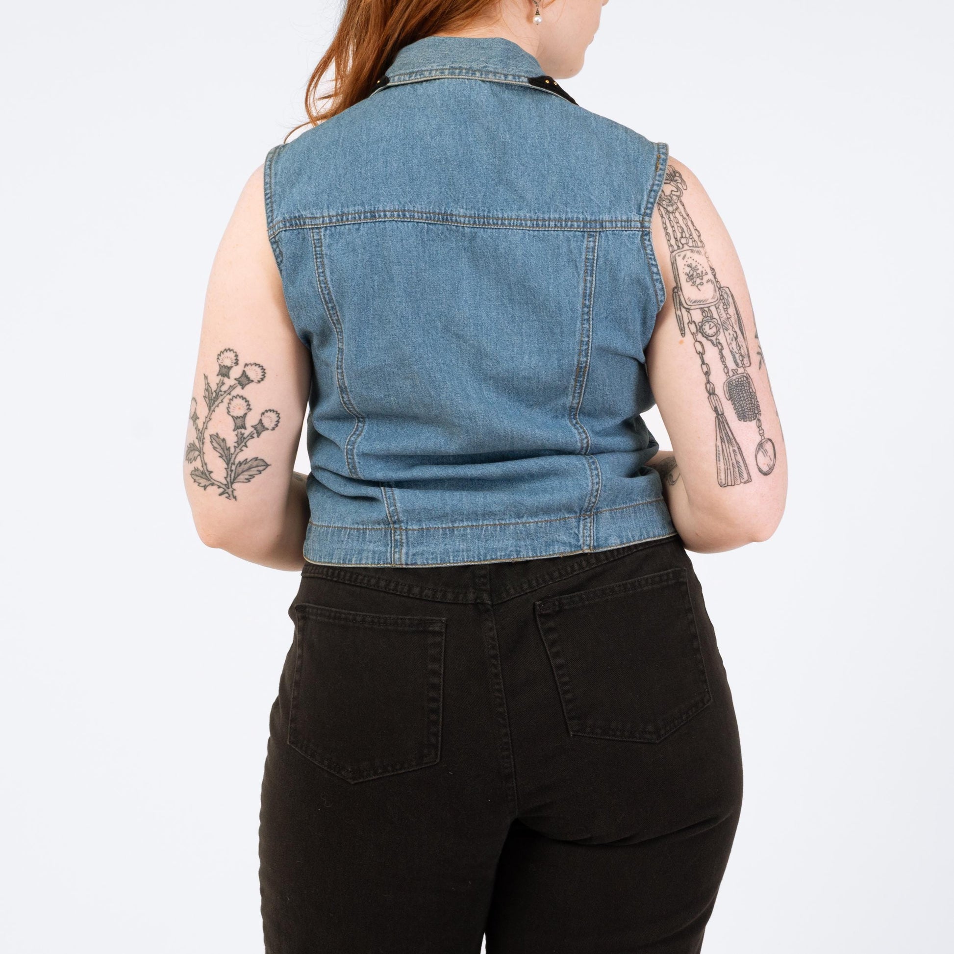 Vintage 90s Denim Velvet Trim Vest - Medium | Grunge Embellished Sleeveless Crop Top
