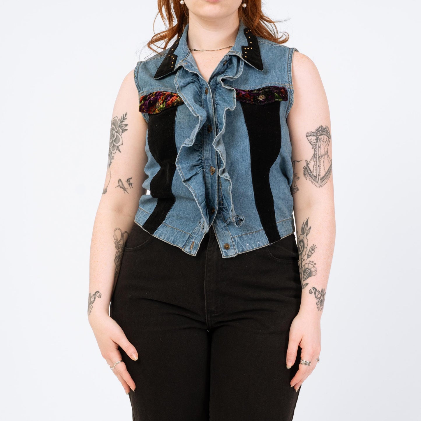 Vintage 90s Denim Velvet Trim Vest - Medium | Grunge Embellished Sleeveless Crop Top