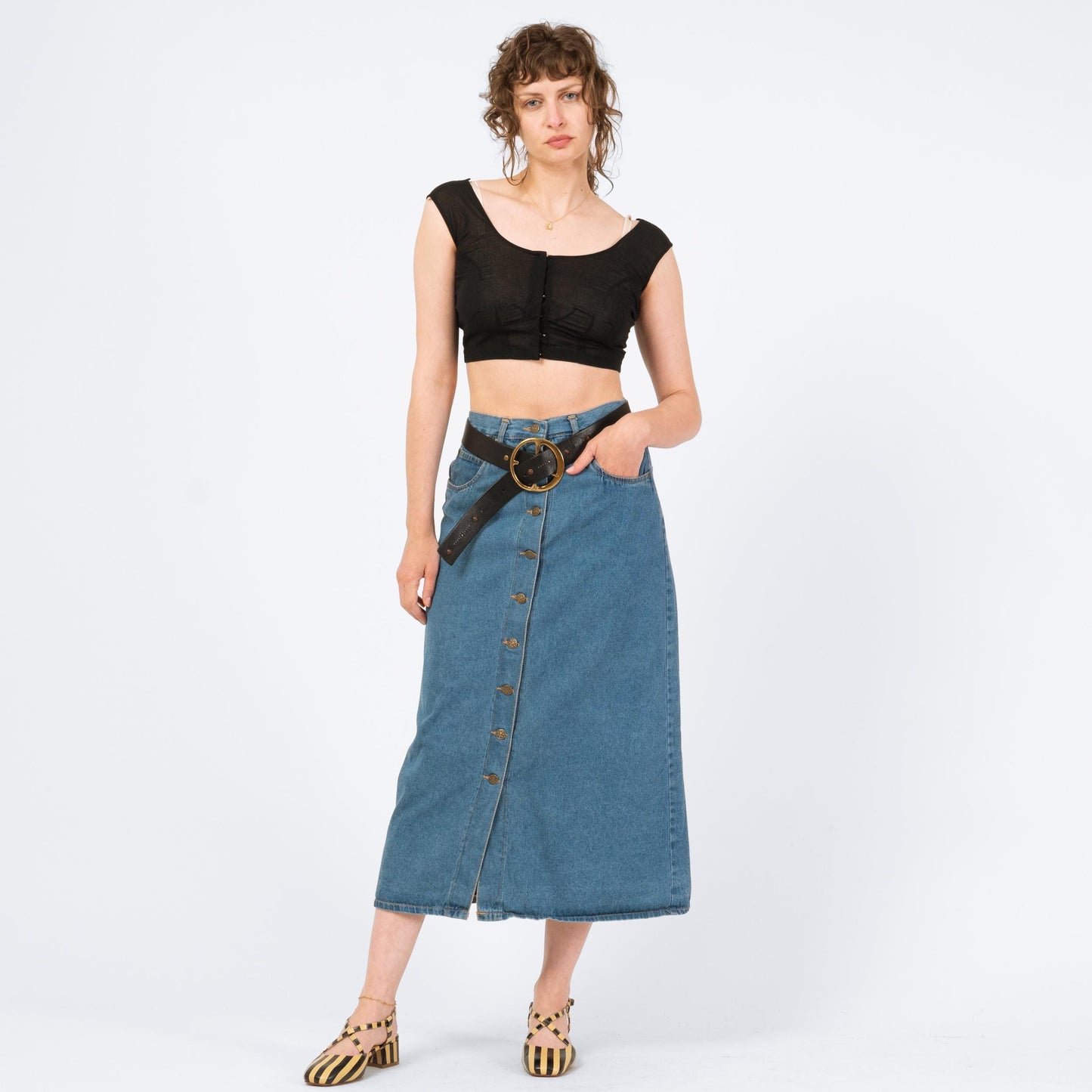 Vintage 80s Denim Button Front Midi Skirt - Small, 27" Waist | High Waisted Blue Jean Long Skirt