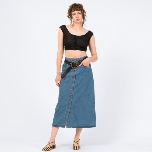 Vintage 80s Denim Button Front Midi Skirt - Small, 27" Waist | High Waisted Blue Jean Long Skirt