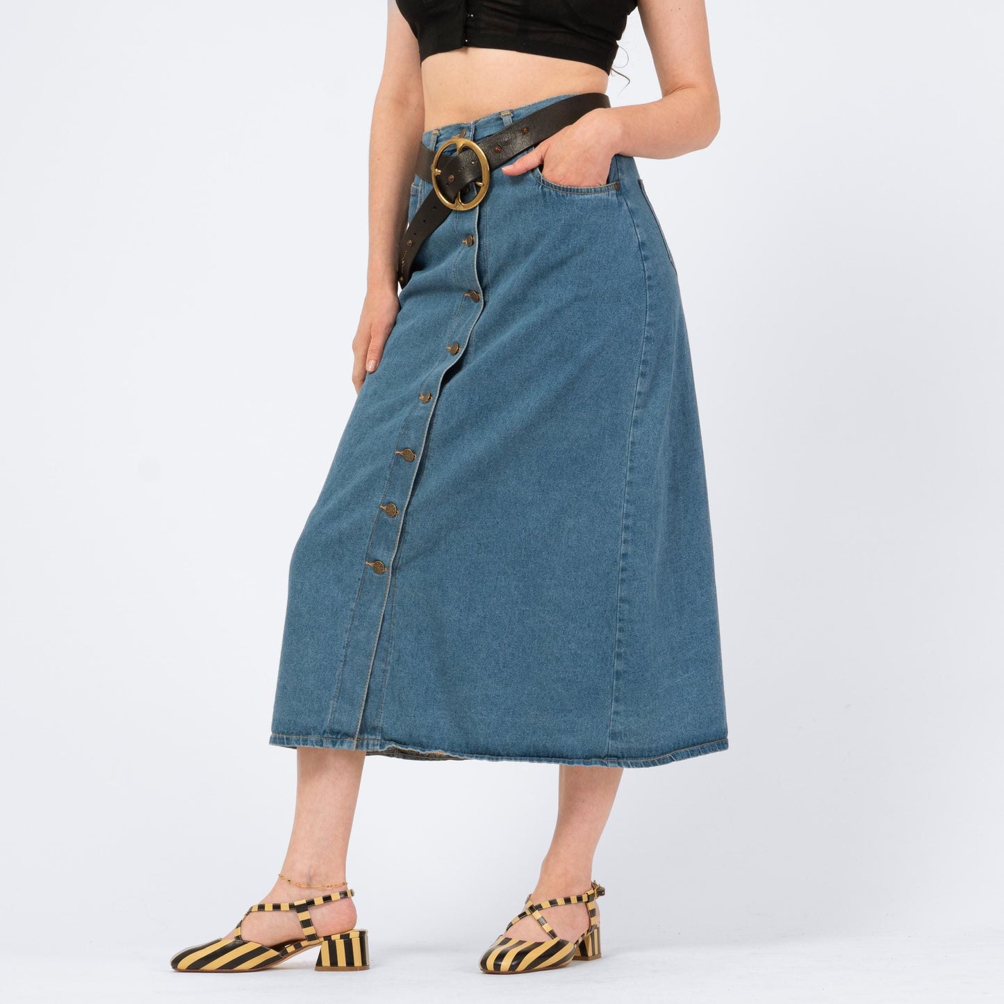 Vintage 80s Denim Button Front Midi Skirt - Small, 27" Waist | High Waisted Blue Jean Long Skirt