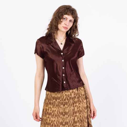 Vintage 90s Chocolate Brown Satin Cropped Shirt - Medium | Collared Short Sleeve Crop Top Blouse