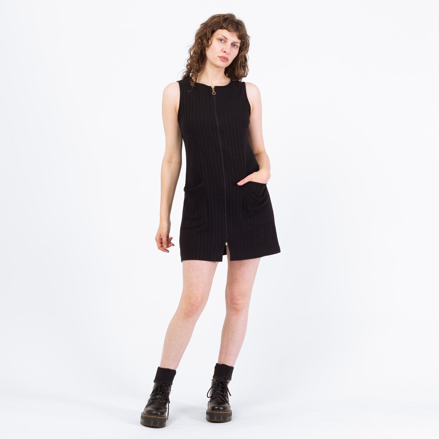 Vintage 90s Black Ribbed Zip Front Tank Dress - Medium | Grunge Sleeveless Mini Dress