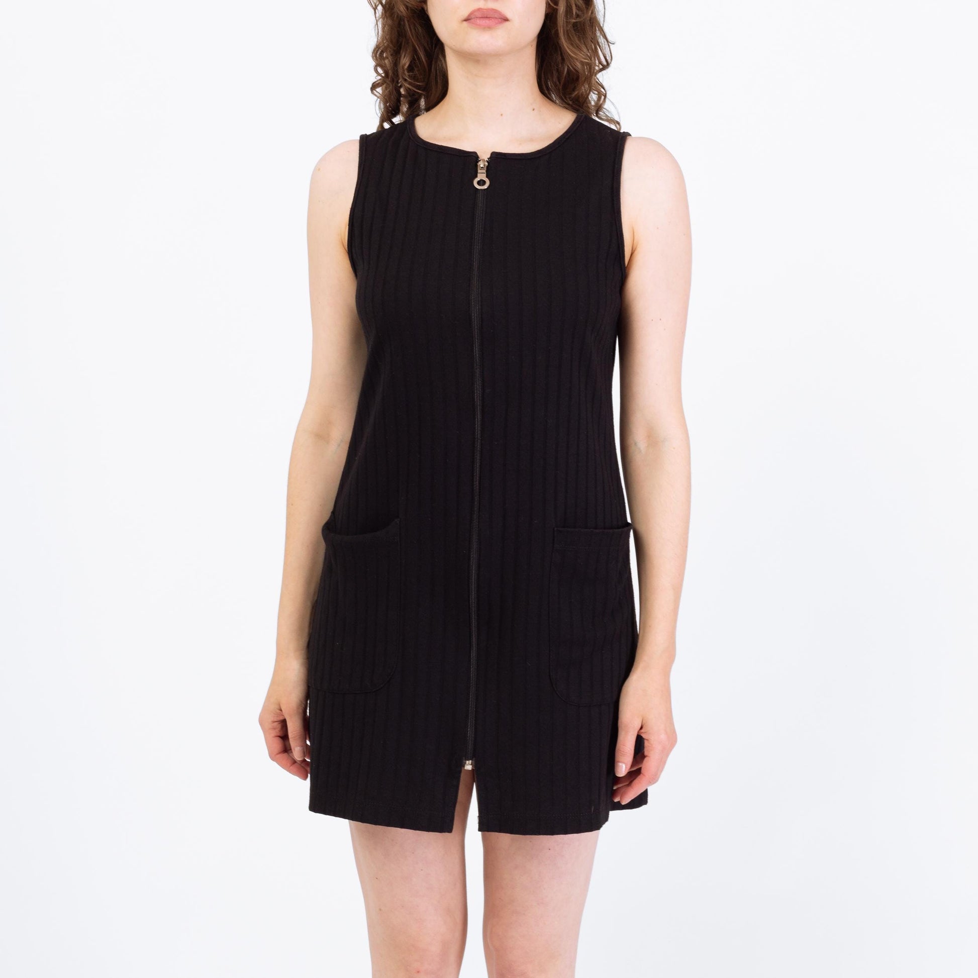 Vintage 90s Black Ribbed Zip Front Tank Dress - Medium | Grunge Sleeveless Mini Dress