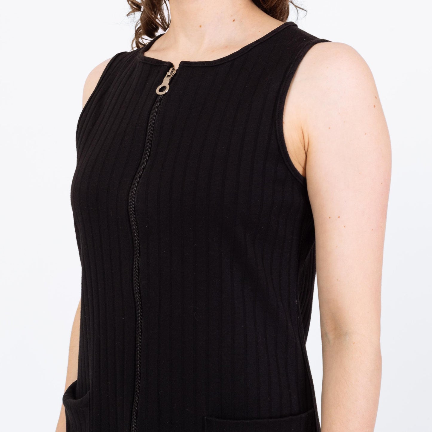 Vintage 90s Black Ribbed Zip Front Tank Dress - Medium | Grunge Sleeveless Mini Dress