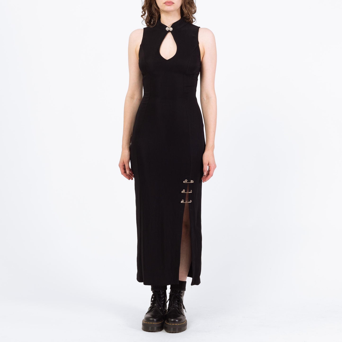 Vintage 90s Punk Black Safety Pin Maxi Dress - Small | Liz Hurley Red Carpet Versace Inspired Gown