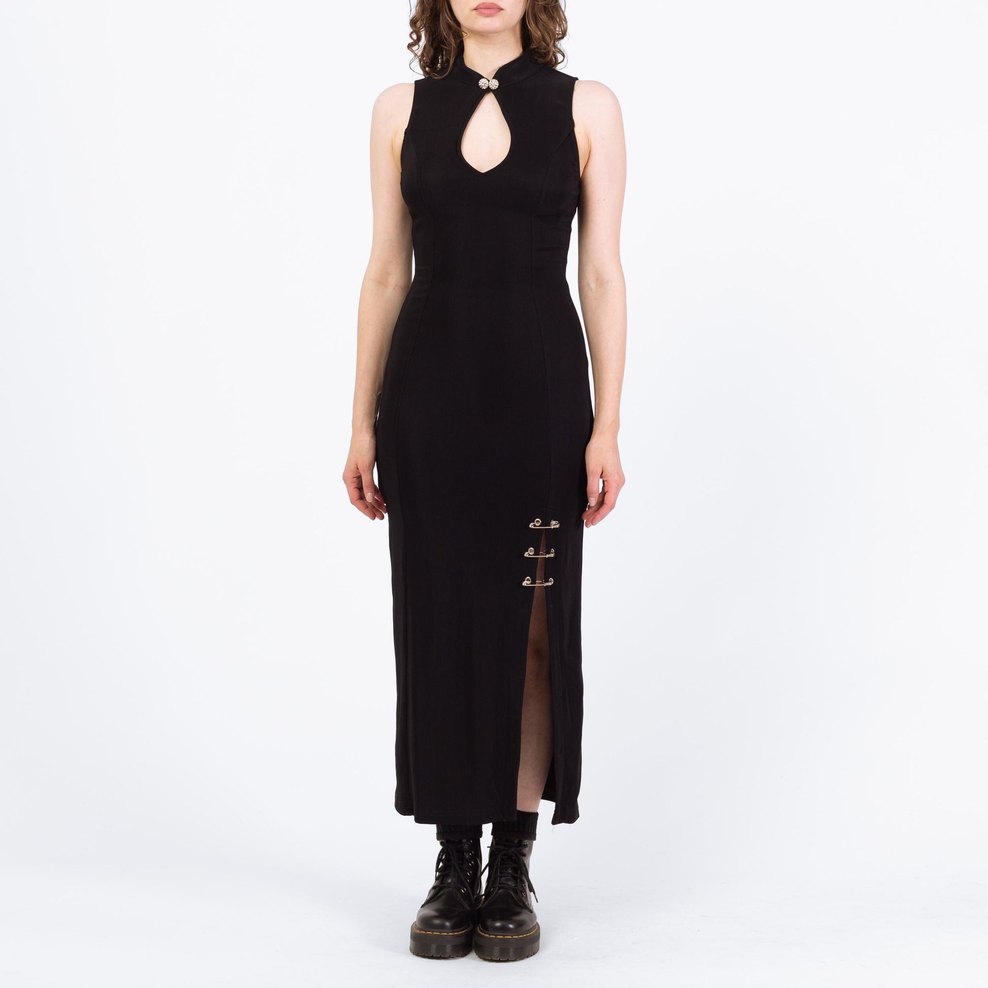 Vintage 90s Punk Black Safety Pin Maxi Dress - Small | Liz Hurley Red Carpet Versace Inspired Gown