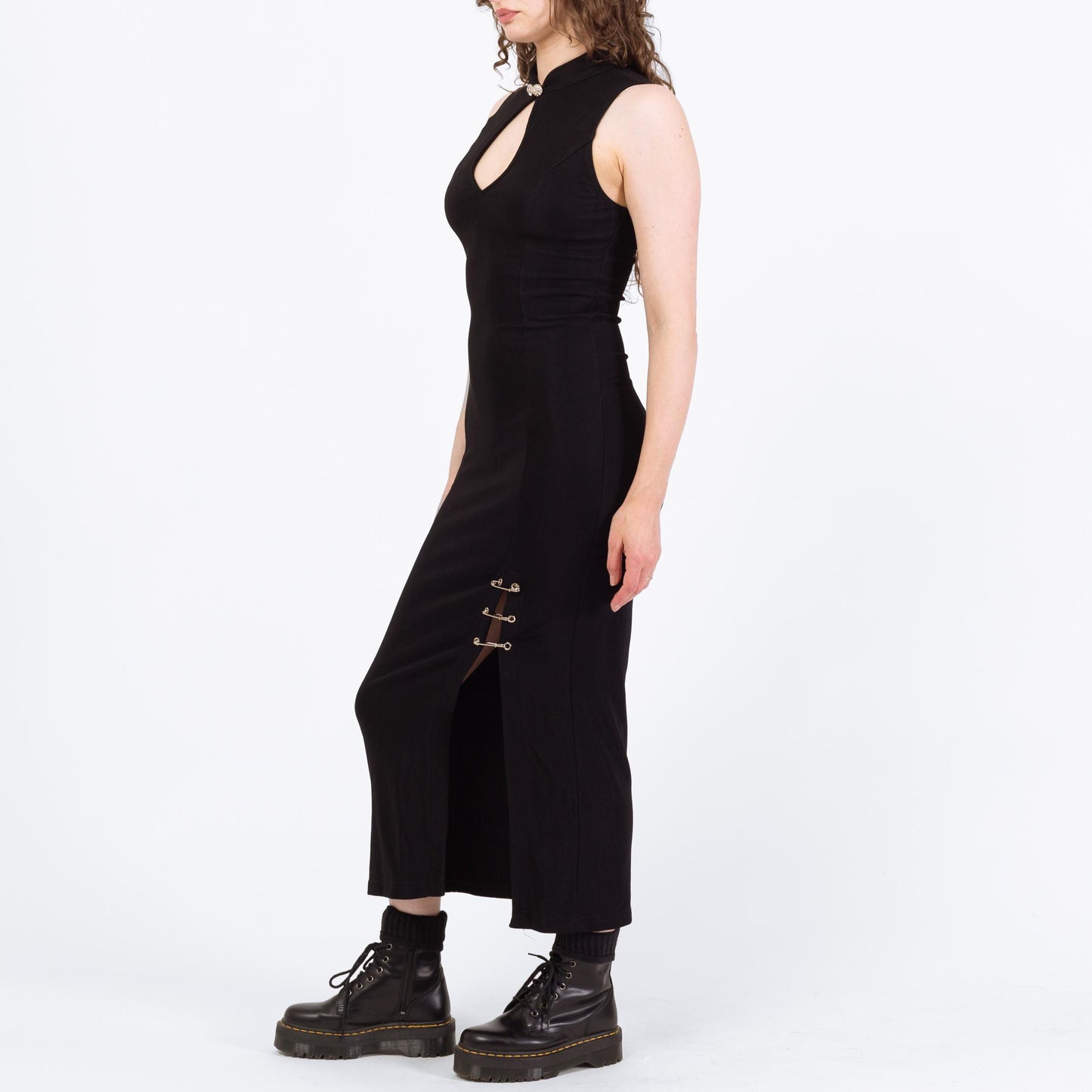 Vintage 90s Punk Black Safety Pin Maxi Dress - Small | Liz Hurley Red Carpet Versace Inspired Gown