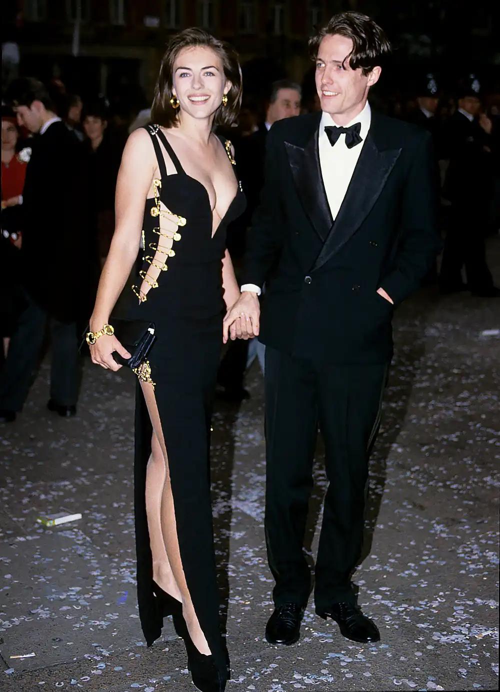 Vintage 90s Punk Black Safety Pin Maxi Dress - Small | Liz Hurley Red Carpet Versace Inspired Gown