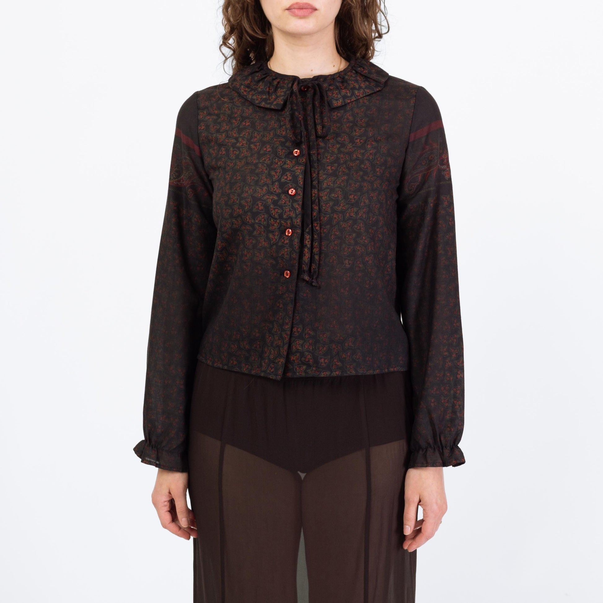 Vintage 70s Dark Floral Peter Pan Collar Blouse - Medium | Black Red Leaf Print Boho Top