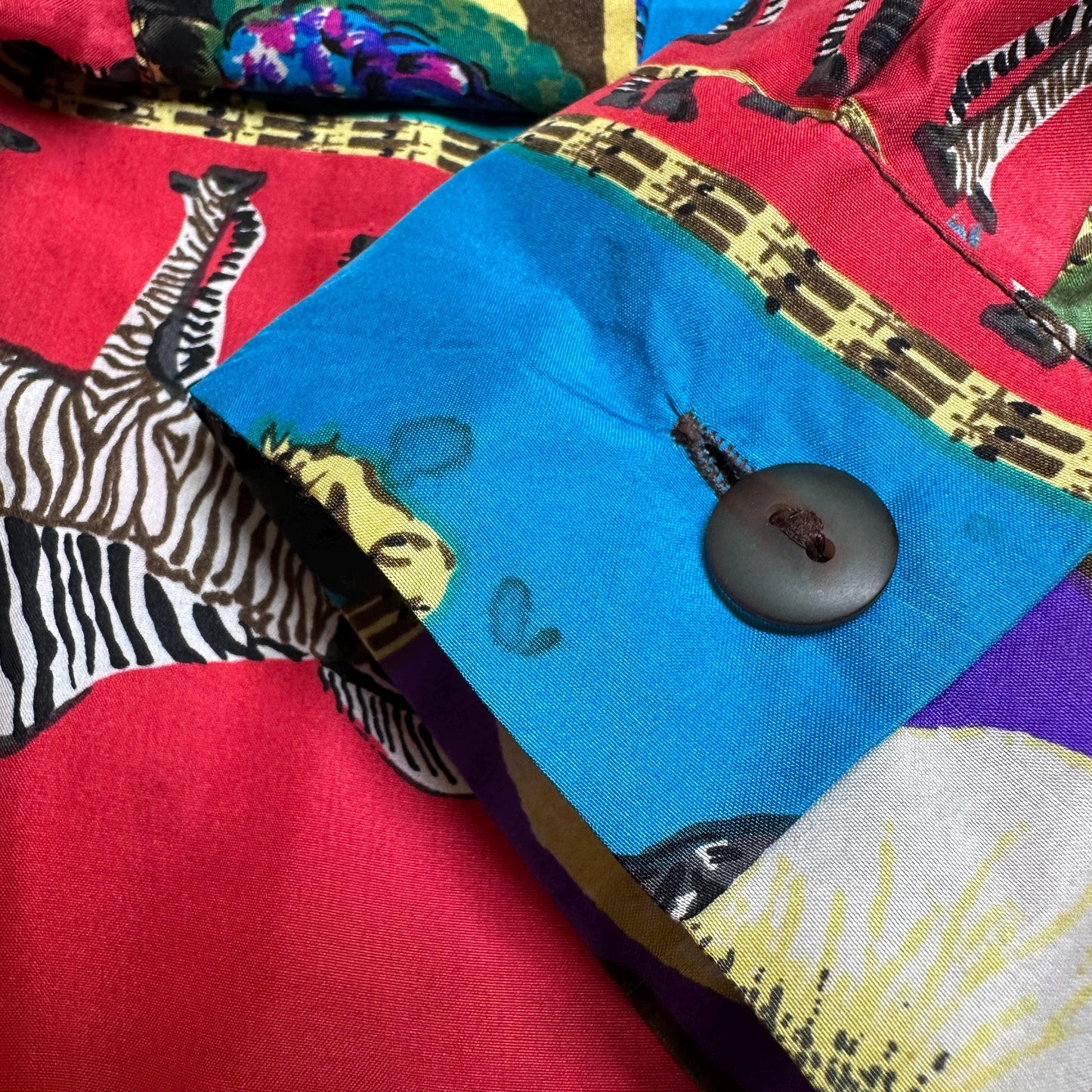 Vintage 90s Rainbow Silk African Animal Print Blouse - Large | Long Sleeve Collared Button Up Top