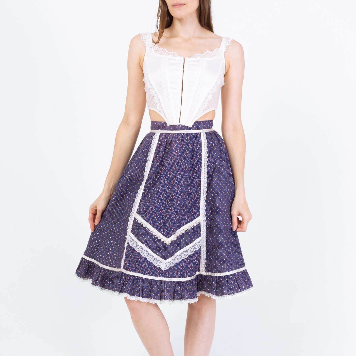 Vintage 70s Gunne Sax Blue Calico Floral Prairie Skirt - Extra Small, 24” Waist | Boho Lace Trim Cottagecore Midi Skirt