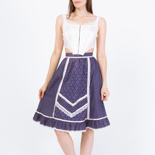 Vintage 70s Gunne Sax Blue Calico Floral Prairie Skirt - Extra Small, 24” Waist | Boho Lace Trim Cottagecore Midi Skirt