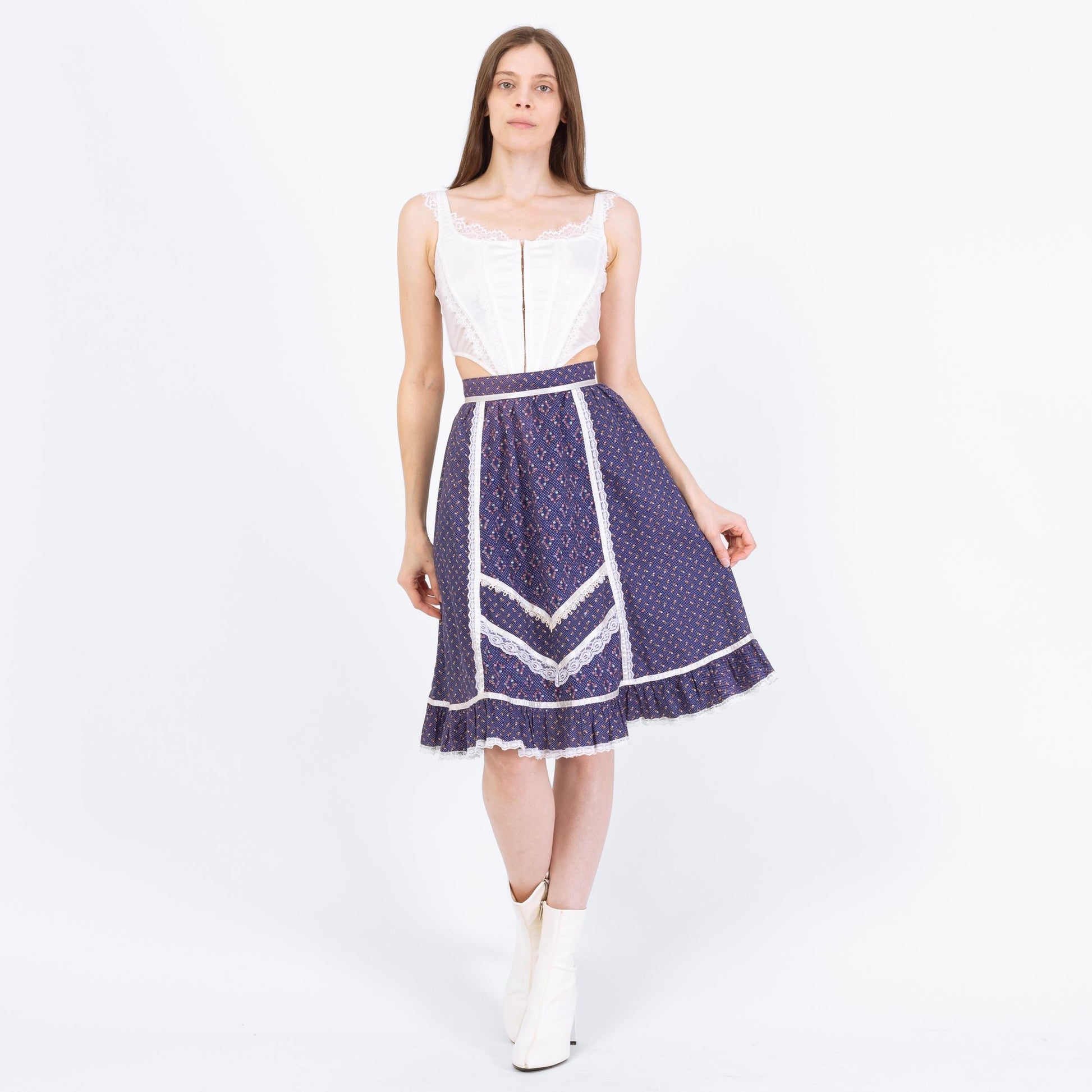 Vintage 70s Gunne Sax Blue Calico Floral Prairie Skirt - Extra Small, 24” Waist | Boho Lace Trim Cottagecore Midi Skirt