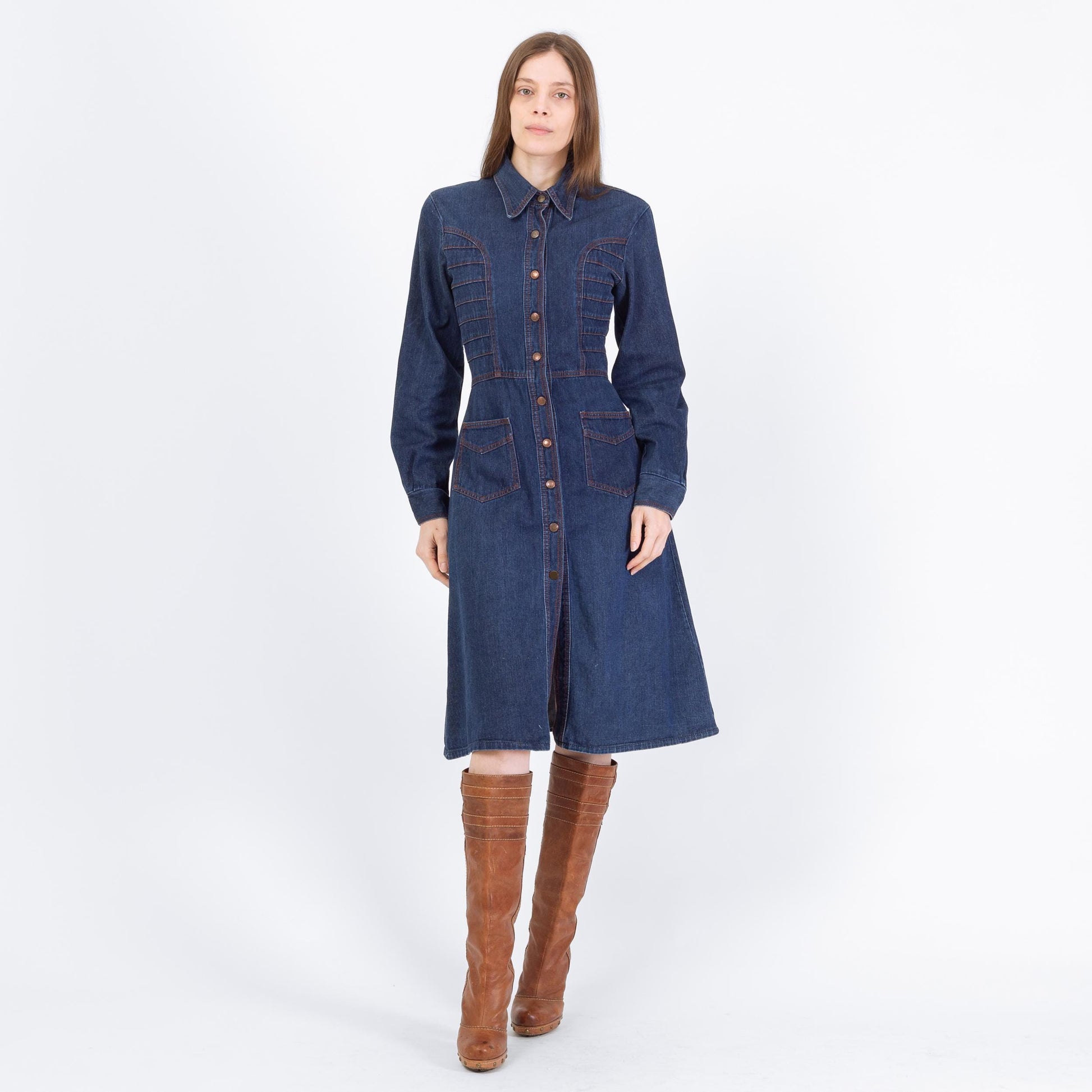 Vintage 70s Western Denim Midi Shirtdress - Medium | Long Sleeve Blue Jean Snap Up Dress
