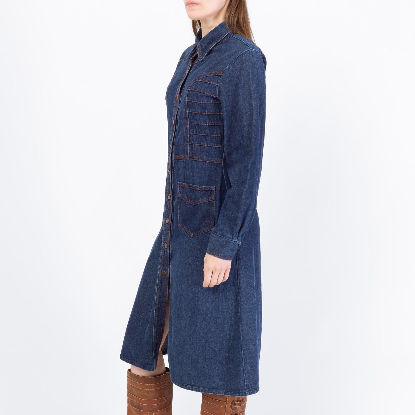 Vintage 70s Western Denim Midi Shirtdress - Medium | Long Sleeve Blue Jean Snap Up Dress