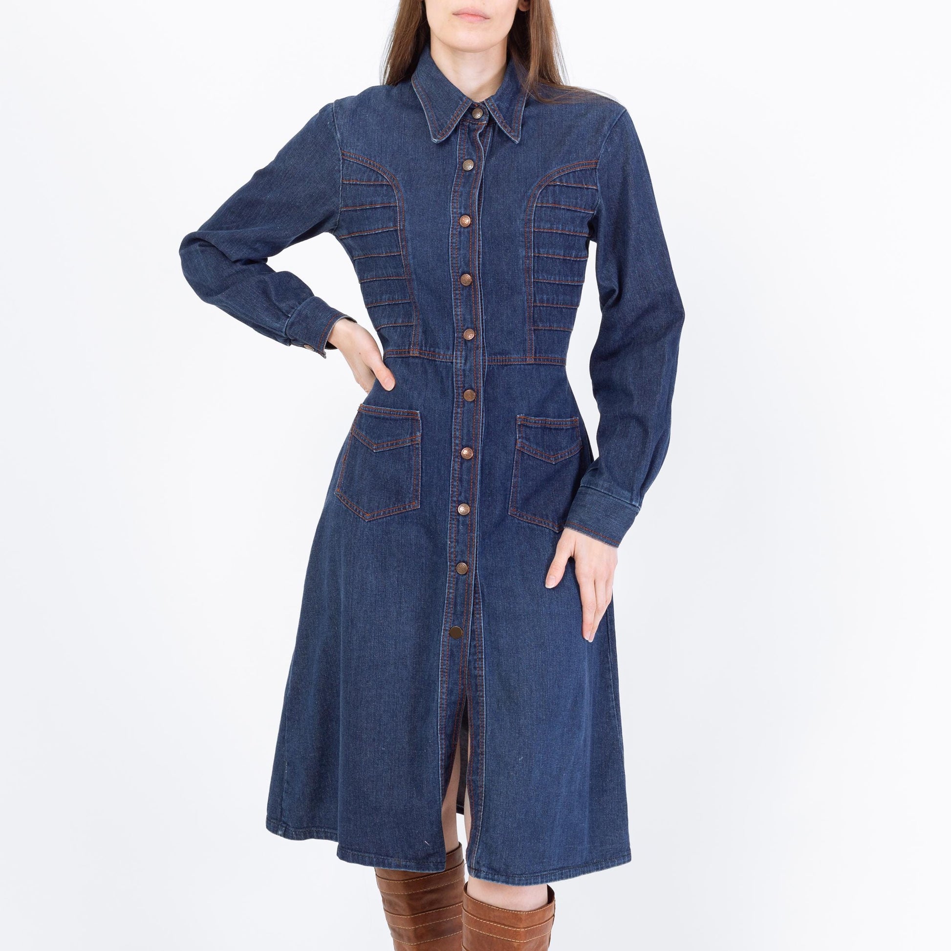 Vintage 70s Western Denim Midi Shirtdress - Medium | Long Sleeve Blue Jean Snap Up Dress