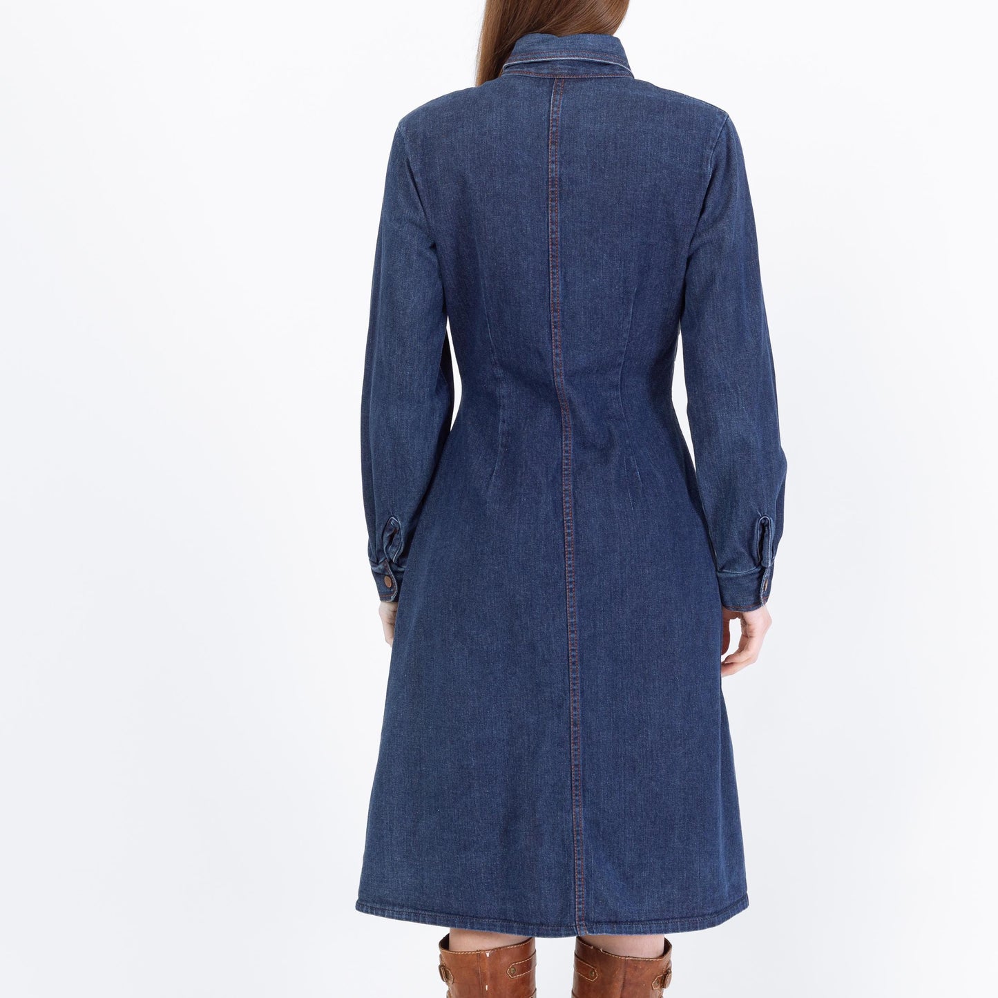 Vintage 70s Western Denim Midi Shirtdress - Medium | Long Sleeve Blue Jean Snap Up Dress