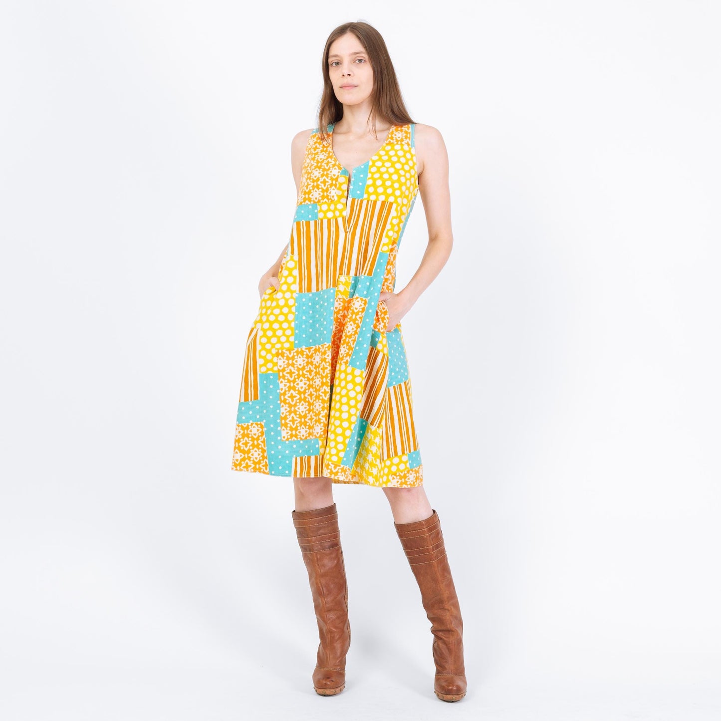 Vintage 60s Boho Patchwork Tent Dress - Small | Sleeveless A Line Midi Pocket Sundress