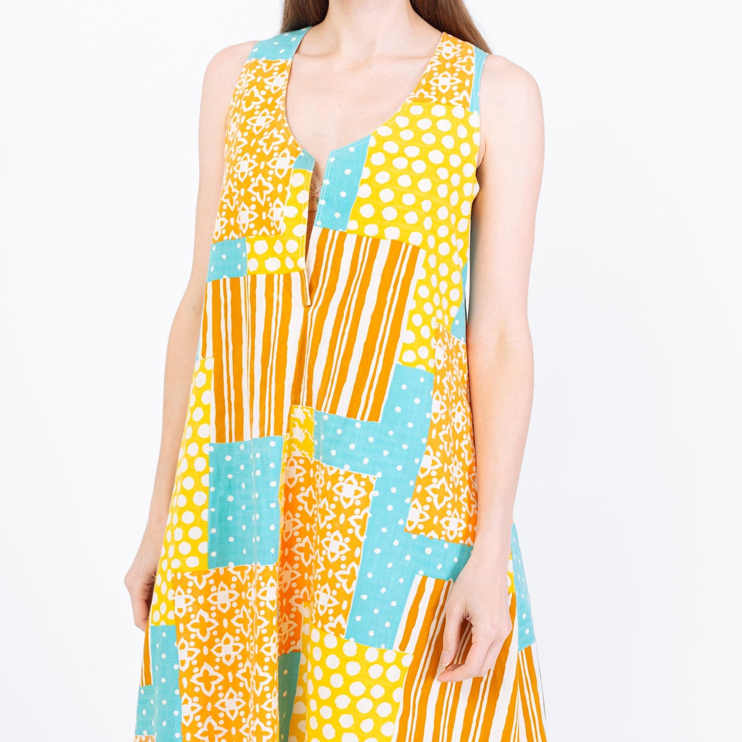 Vintage 60s Boho Patchwork Tent Dress - Small | Sleeveless A Line Midi Pocket Sundress