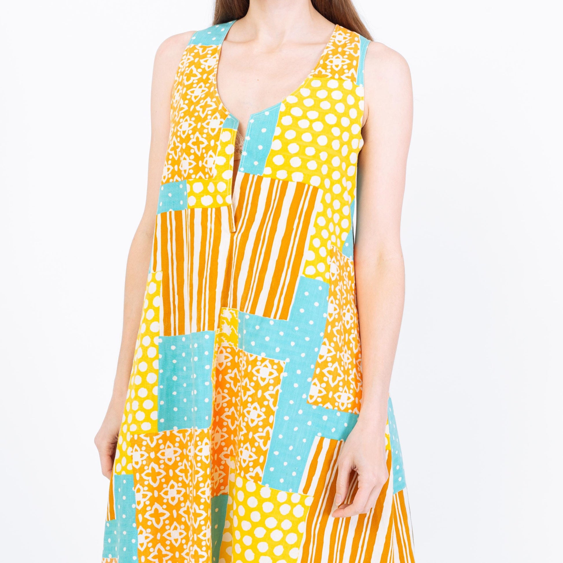 Vintage 60s Boho Patchwork Tent Dress - Small | Sleeveless A Line Midi Pocket Sundress