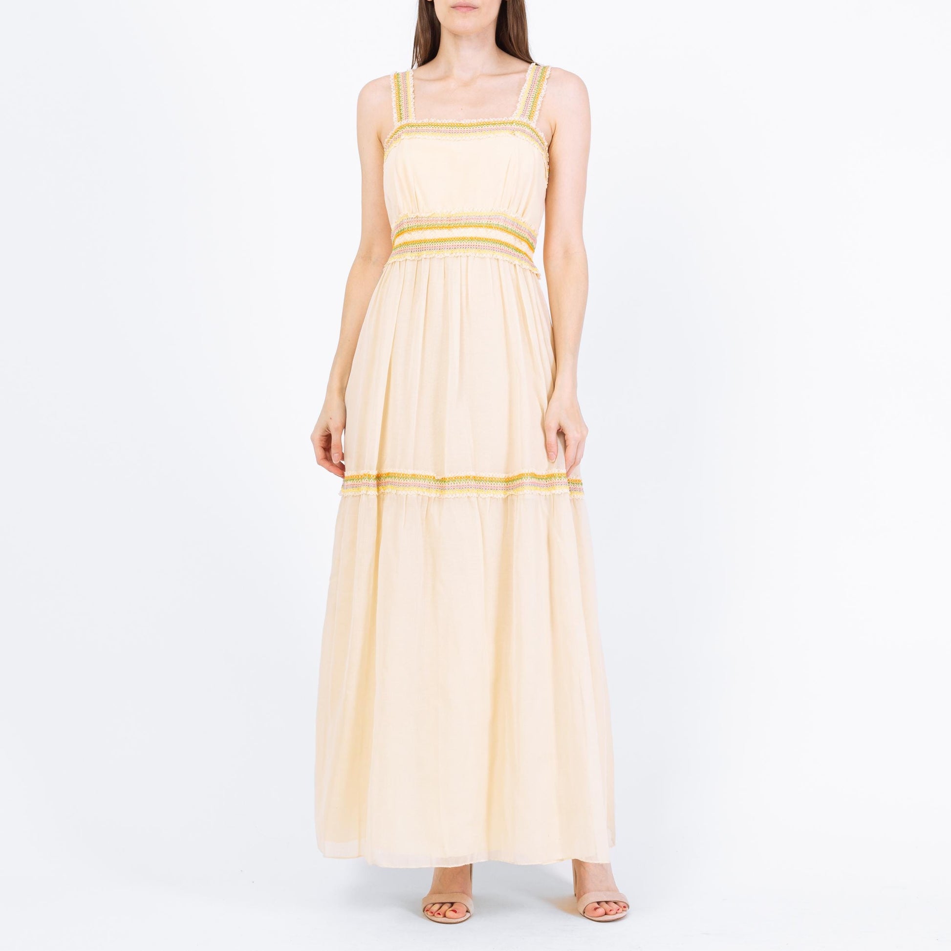 Vintage 70s Boho Cream Pastel Embroidered Maxi Dress - Small to Medium | Cottagecore Tiered Prairie Gown