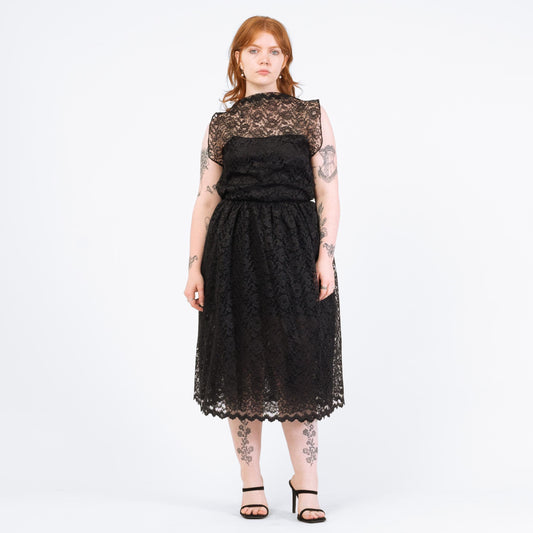 Vintage 70s 80s Black Lace Fit & Flare Party Dress - Medium | Keyhole Back Sheer Overlay Midi Dress