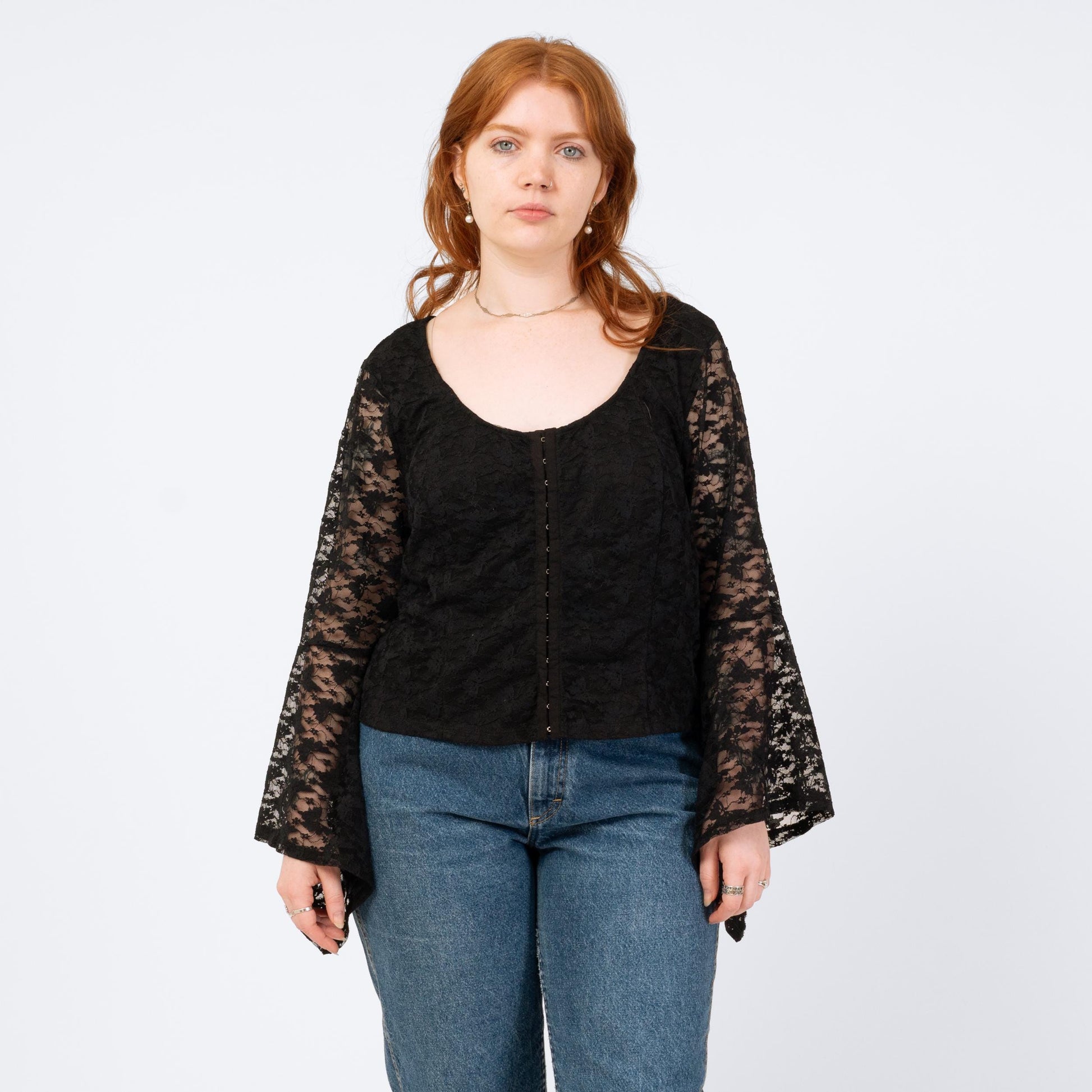 Vintage Y2K Black Lace Angel Sleeve Butterfly Top - Extra Large | Boho Whimsigoth Corset Blouse