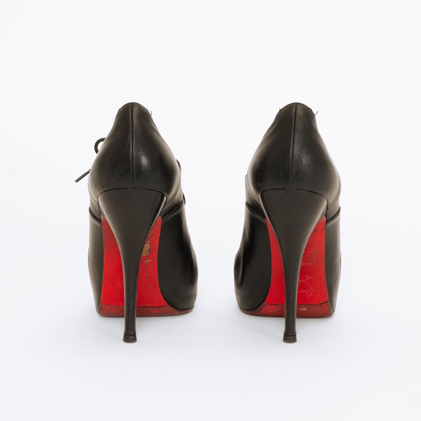 Christian Louboutin Black Leather Lace-Up Booties - Size 36.5 | Designer Peep Toe Stiletto Heels