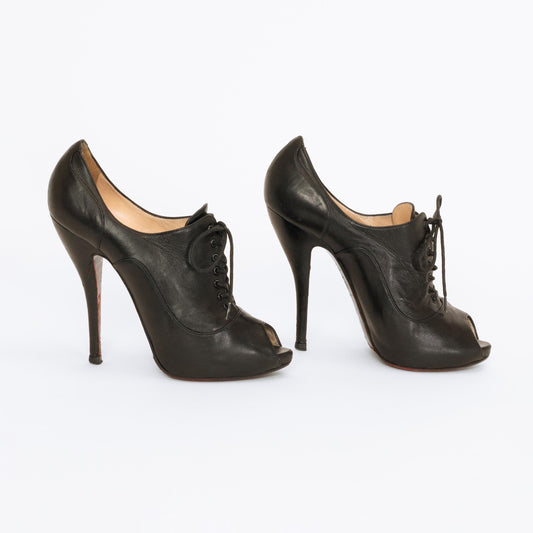 Christian Louboutin Black Leather Lace-Up Booties - Size 36.5 | Designer Peep Toe Stiletto Heels
