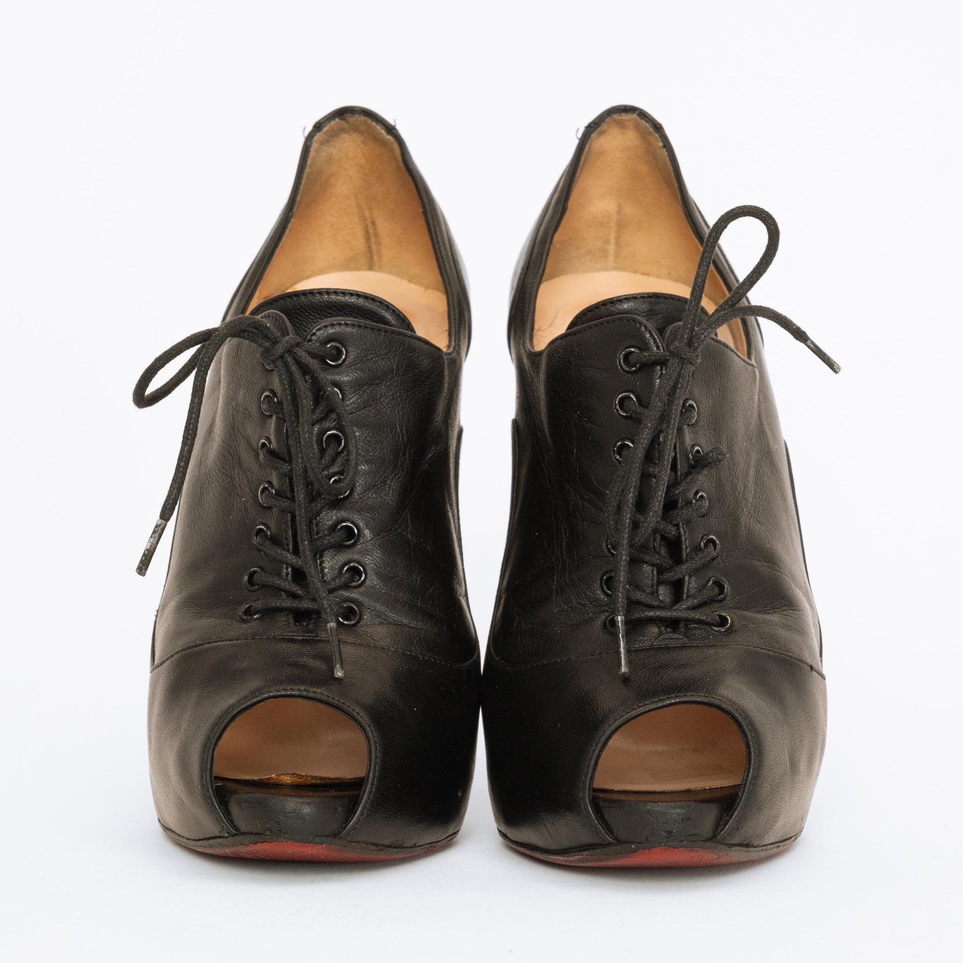 Christian Louboutin Black Leather Lace-Up Booties - Size 36.5 | Designer Peep Toe Stiletto Heels