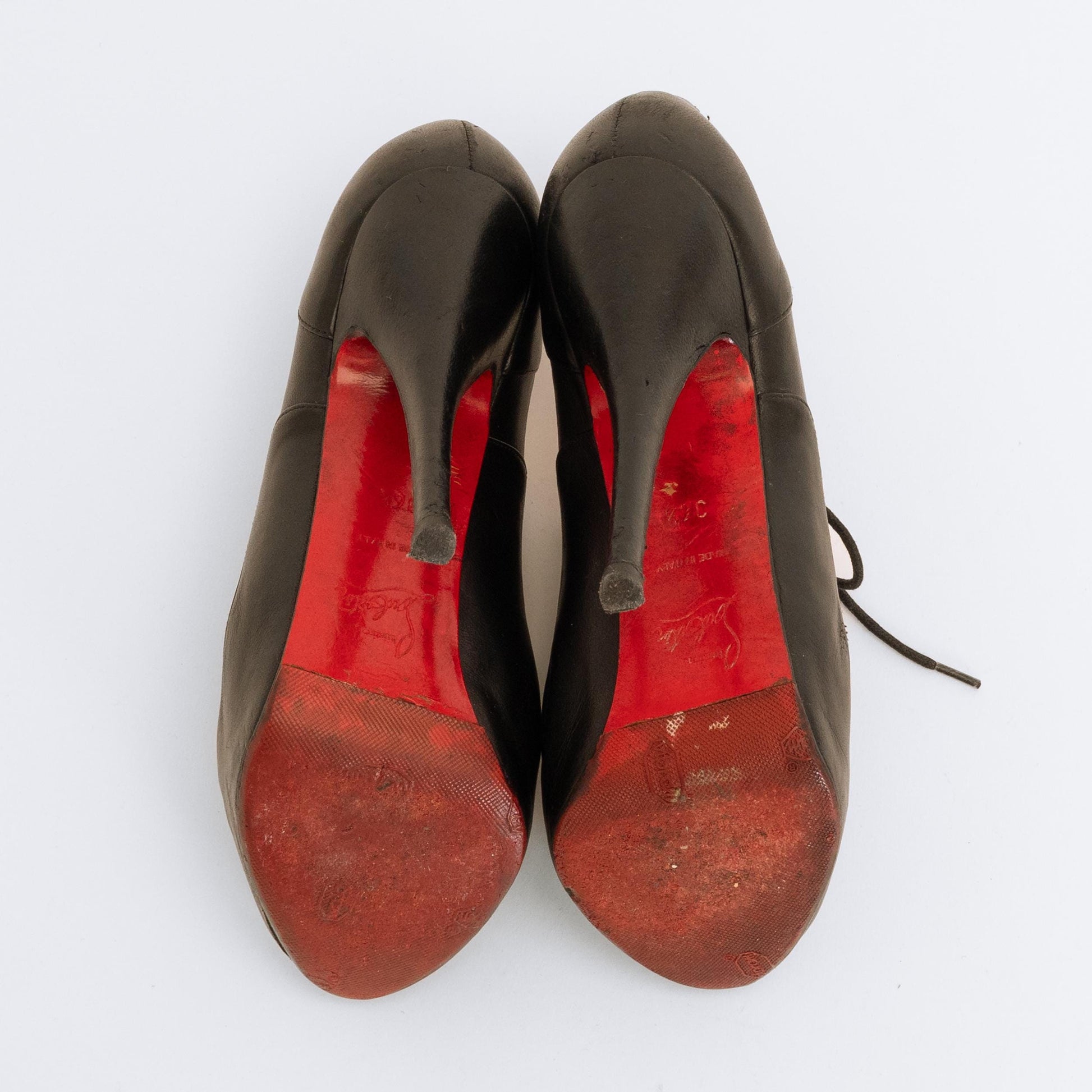 Christian Louboutin Black Leather Lace-Up Booties - Size 36.5 | Designer Peep Toe Stiletto Heels
