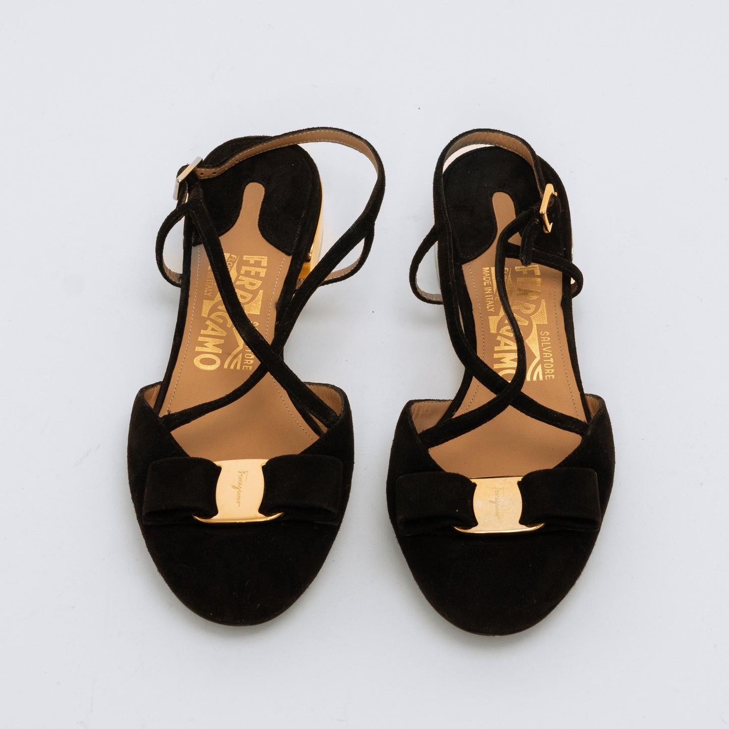 Ferragamo Black Suede & Gold Slingbacks - Size 4.5 | Felma Vara Designer Strappy Flats