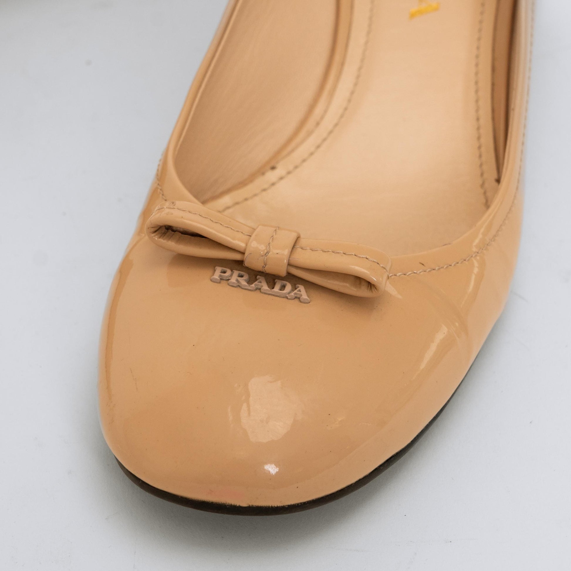 Prada Nude Patent Leather Bow Heels - Size 86 | Designer Logo Ballet Block Heel Pumps