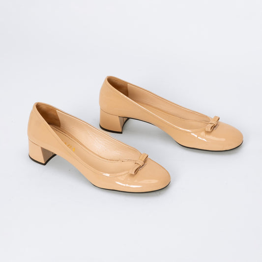 Prada Nude Patent Leather Bow Heels - Size 86 | Designer Logo Ballet Block Heel Pumps