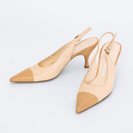 Vintage Ferragamo Gancini Slingback Heels - Size 5.5 | 90s Y2K Designer Leather Pointed Toe Pumps