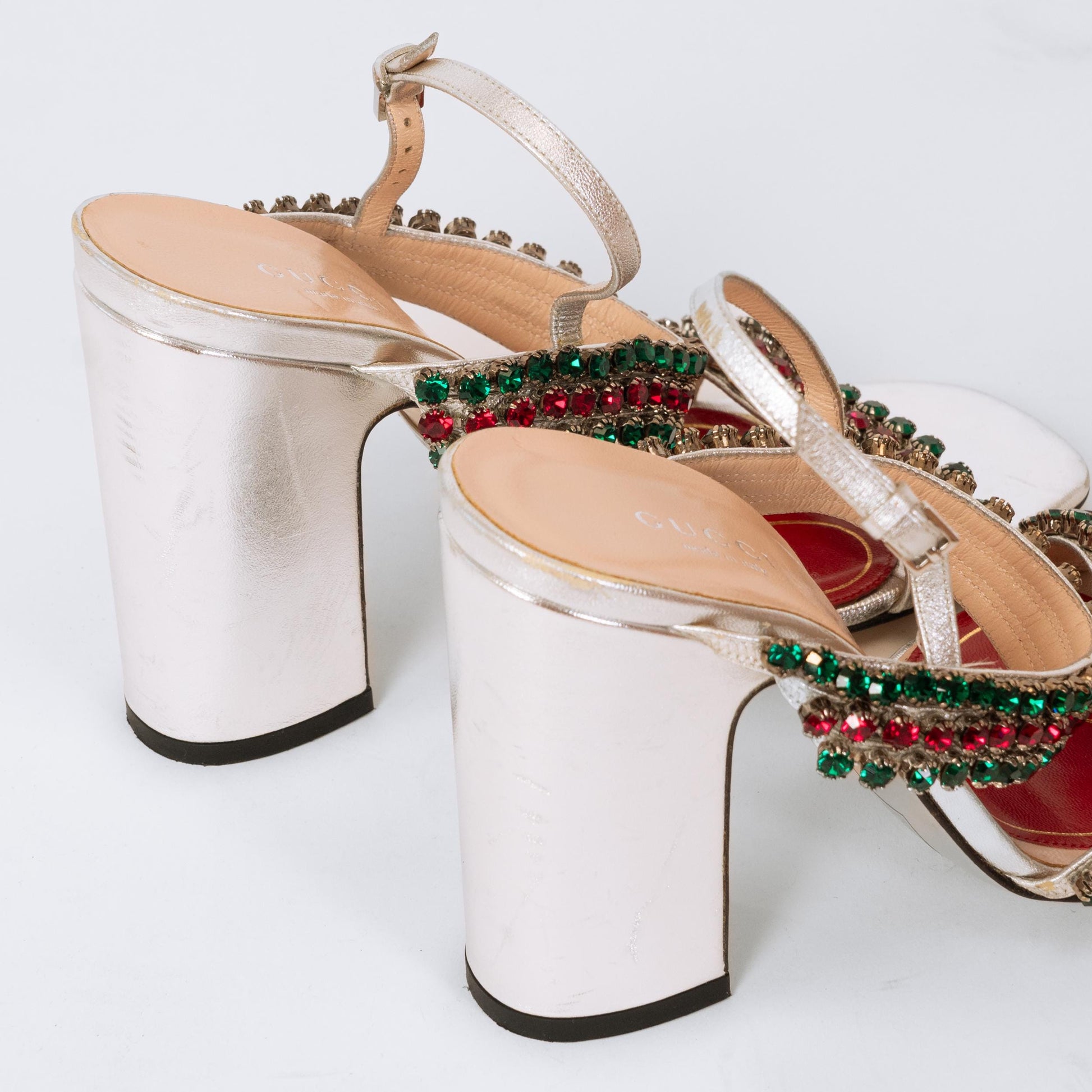 Gucci Bertie Crystal Silver Heeled Sandals - Size 36.5 | Designer Metallic Strappy High Heels