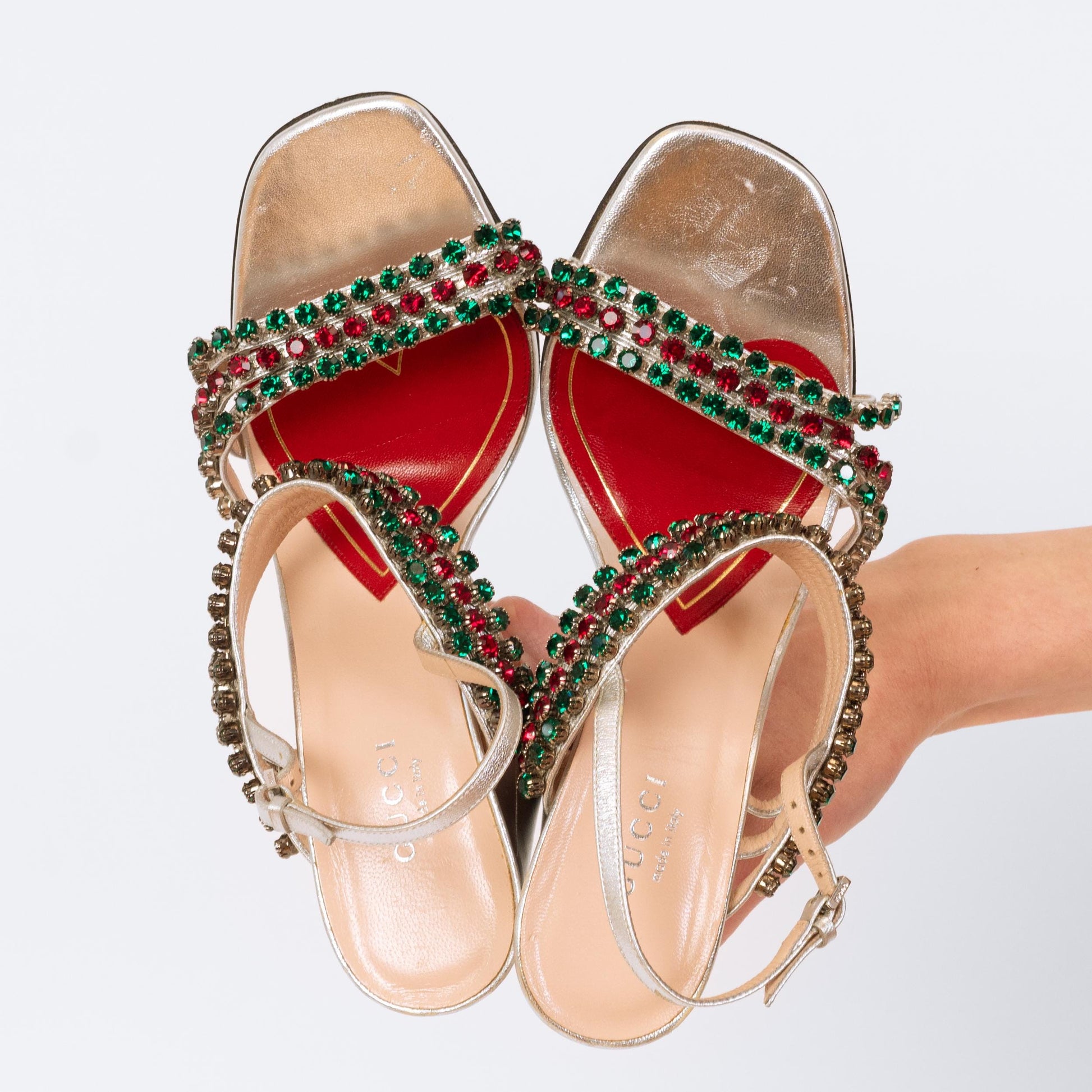 Gucci Bertie Crystal Silver Heeled Sandals - Size 36.5 | Designer Metallic Strappy High Heels