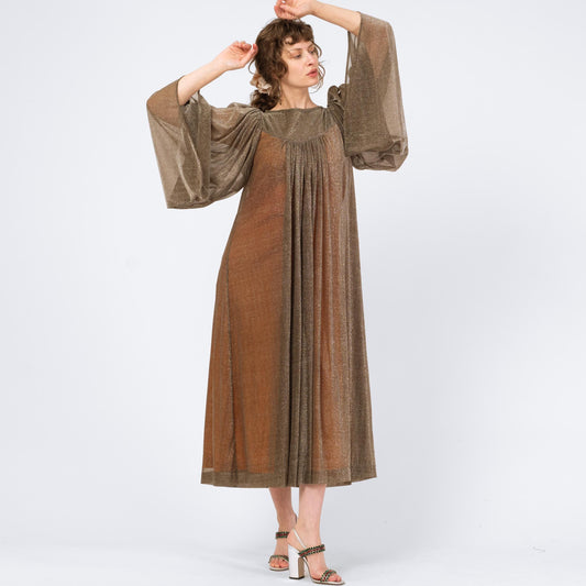 Vintage 60s 70s Silver Metallic Kaftan - Small | Boho Lurex Hostess Maxi Dress